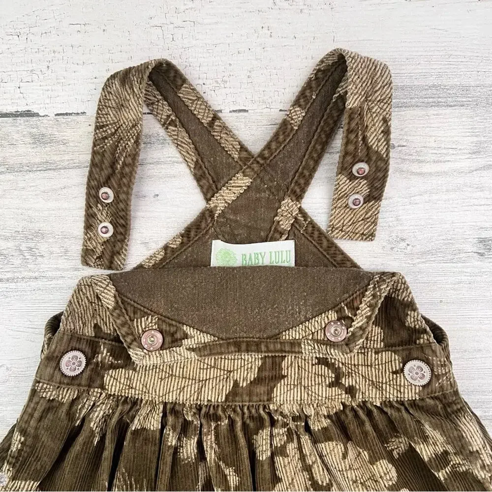 Baby Lulu Girls Jumper Dress 18M Olive Brown Corduroy Fall Leaf Pinecone